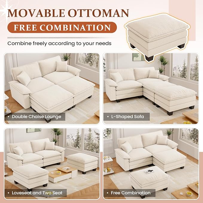 Modular Sectional Sofa Cloud Couch, Comfy Corduroy Loveseat with Ottoman Upholstered Deep Seat Sleeper Sofa Bed 2 Seater Couch Oversized Chaise Lounge Chair Indoor for Living Room Bedroom, Beige