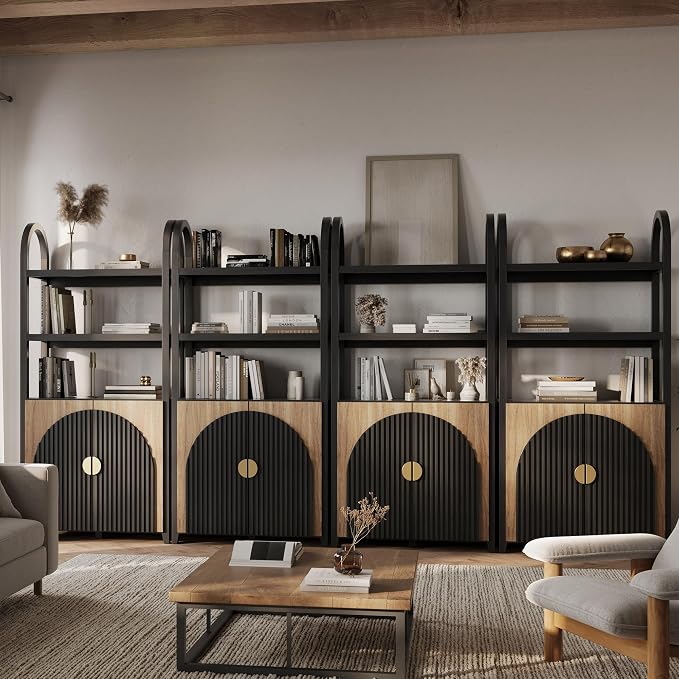 BELLEZE Book Shelf 72" Tall Arched Bookcase with Storage, 5 Tier Mid Century Modern Fluted Bookshelf with Doors, Modular Bookshelves for Living Room Office Library, Set of 4 (Camel)
