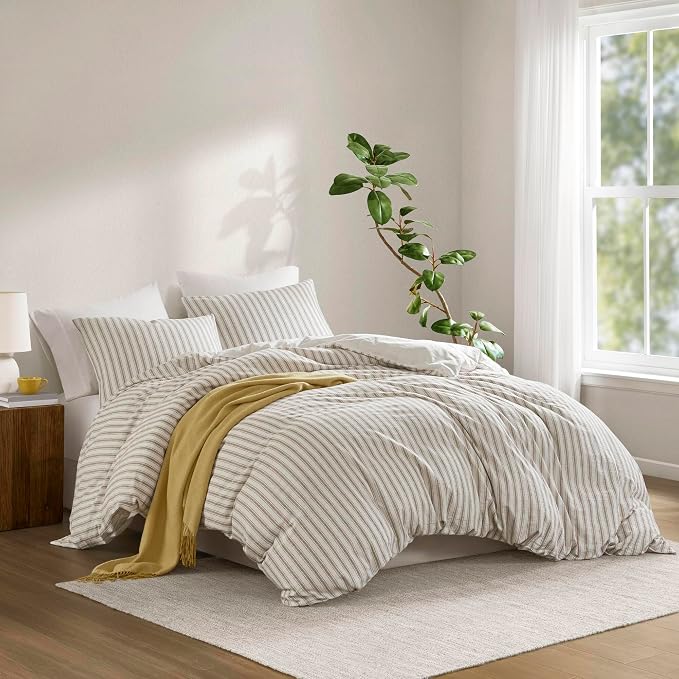 Madison Park Duvet Cover Set for Hot Sleepers - Linen Cotton Rayon Blend, Queen Size 3 Piece Set with Shams - Lightweight & Breathable Bedding, Tan Striped Design
