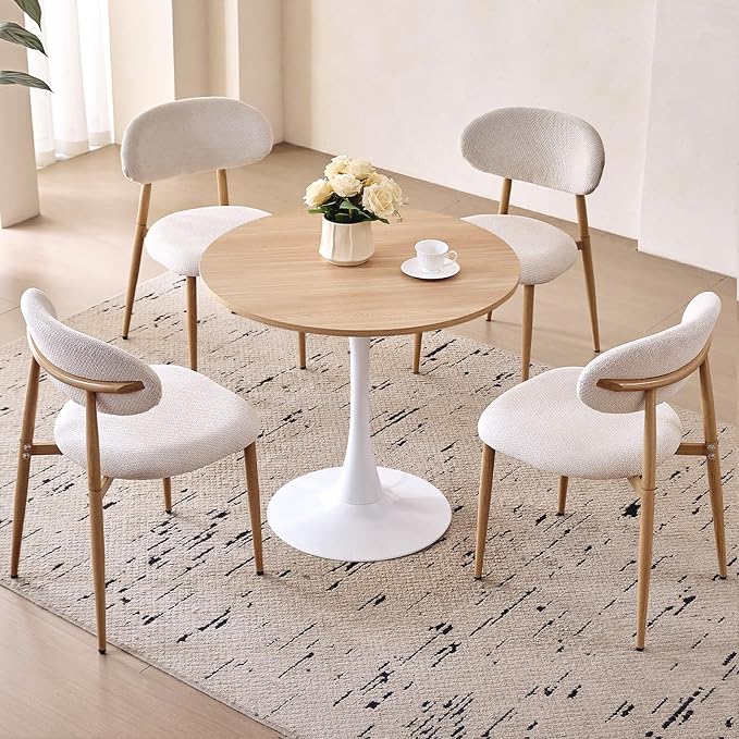 31.5" Round Dining Table for 2-4 Modern Circle Tulip Table with Metal White Tulip Pedestal Base for Kitchen Dining Living Room Apartment Small Space Cafe, Natural