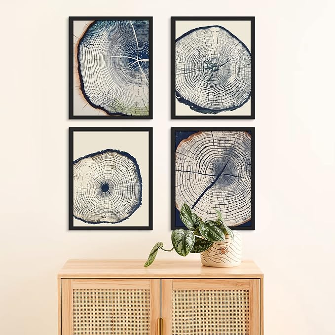 SIGNWIN Framed Blue & White Overexposed Wood Tree Ring Wall Art, Set of 4 Nature Wildernes Wall Decor Prints, Minimalism Wall Décor for Living Room, Bedroom - 11"x14" Black