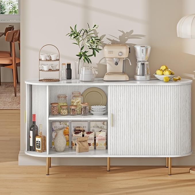 DHH Sideboard Buffet Cabinet with Storage,Mid Century Modern Fluted Accent Coffee Bar Console Table,Tambour Sliding Doors& Adjustable Shelf for Kitchen, Living Room, Entryway(White,55 Inch)