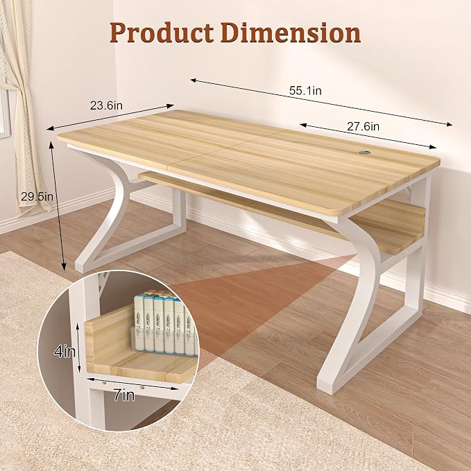 AZN Computer Desk, 55x24 in Computer Desk, Office Desk w/Storage & U-Size Metal Frame for Home Office Bedroom Gaming, Office Desk w/Water-Resistant, Scratchproof Surface, Light Walnut