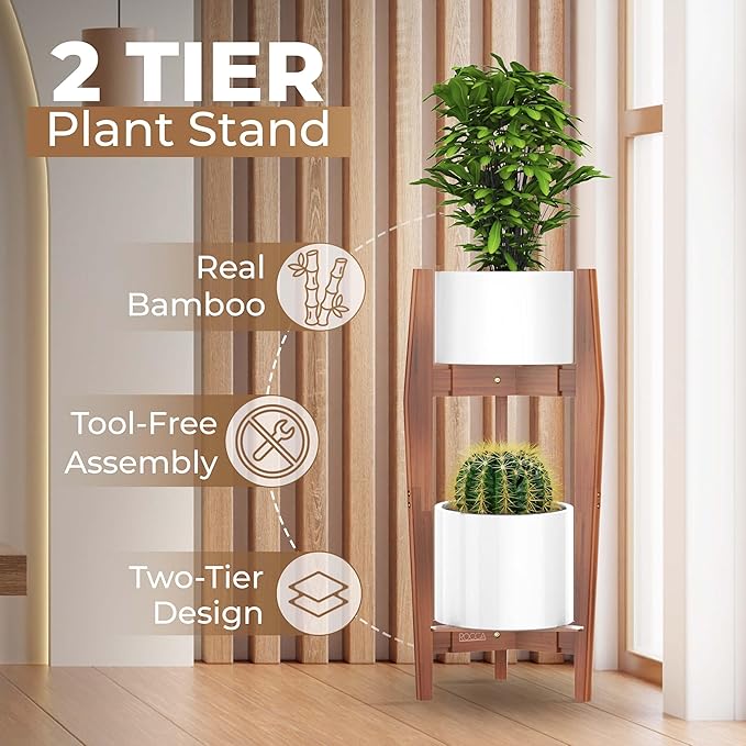 ROCCA 2-Tier Tall Plant Stand Indoor – Adjustable Bamboo Plant Stand (8–12”), Wooden Corner Pedestal for Multiple Pots, Modern Space-Saving Design