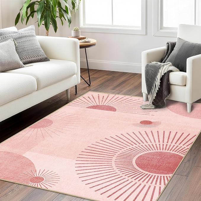 Sun Rug 3x5 for Living Room Mid Century Modern Area Rugs Machine Washable Boho Geometric Rug Non Slip Printed Low Pile Indoor Floor Carpet for Kitchen Bathroom Bedroom,Pink