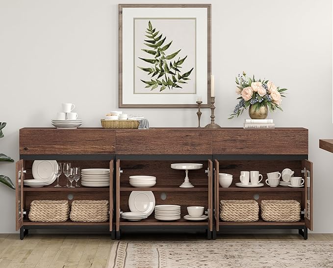 WAMPAT 94.5'' Multifunctional Sideboard Buffet Cabinets with 6 Glass Doors and 3 Drawers, Modern Sideboard Credenza, Coffee Bar Storage Cabinet for Living Room, Kitchen, Brown
