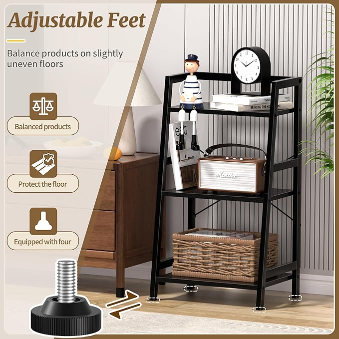 3-Tier Bookshelf, Ladder Shelf, Stand up Shelves, Industrial Bookcase with Steel Frame, Metal Small Bookcase, for Living Room, Home Office, Kitchen, Bedroom, Industrial Style（Black）