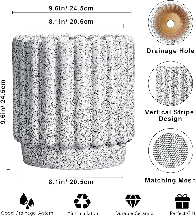 Ceramicfor Ceramic Flower Pot, 9.6 Inch, Black and White | Indoor Planter, Drainage Hole, Fluted Round Design, Large Planter Outdoor, Living Room Decor