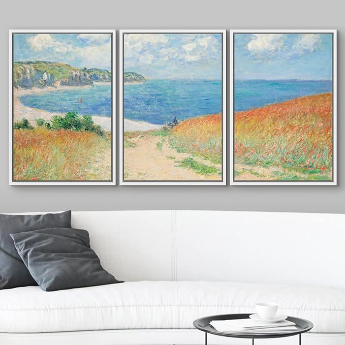 wall26 Framed Canvas Print Wall Art Set Path Through The Corn at Pourville by Claude Monet Cultural Historic Oil Painting Fine Art Reproduction for Living Room, Bedroom, Office - 16"x24"x3 White