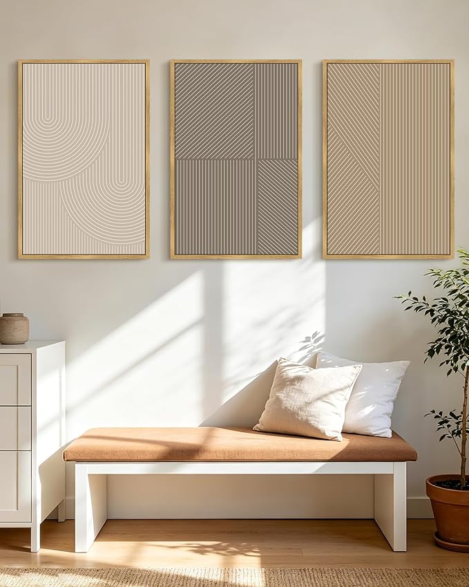 KUVIOKE Minimalist Abstract Bohemian Framed Wall Art Modern Boho Neutral Line Wall Decor Geometric Artwork Bedroom Dining Room 24x36in (Natural Framed)