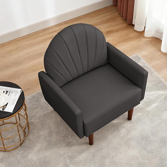 Mid-Century Accent Chair, Faux Leather Armchair - Shell-Shaped Back Waterproof PU Leather Modern Retro Lounge Chair for Living Room, Office, Bedroom & Waiting Room