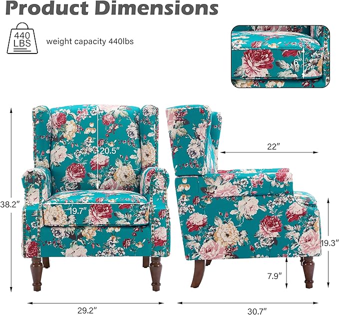 High Back Floral Accent Chair, Upholstered Armchair in Fabric, Retro Printed Wingback Arm Chair for Living Room, Nailhead Trim Single Sofa Bedroom Reading Seat - Peacock Blue