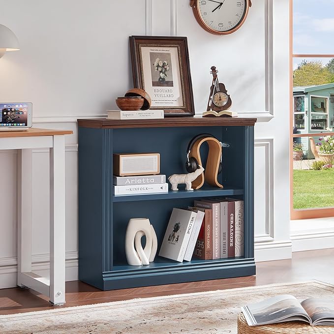 RWYHG 30" Blue Bookshelf,2-Tier Thick Wooden Book Shelf with Adjustable Shelves,Free Standing Farmhouse Bookcase with Open Display Storage,Floor Vintage Bookshelves for Living Room,Office