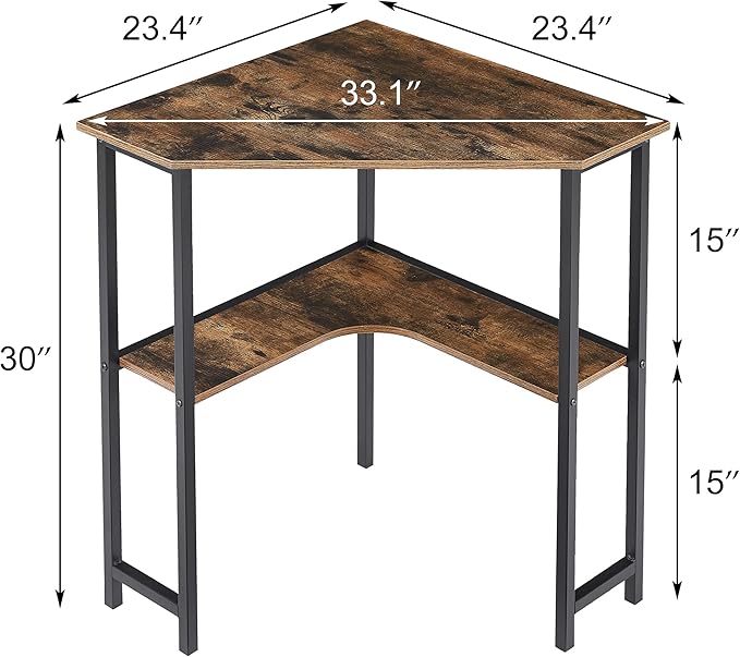 VECELO Small Corner Computer Desk 33 x 23 inches with Storage Shelves for Small Spaces,Triangular Shape,Brown