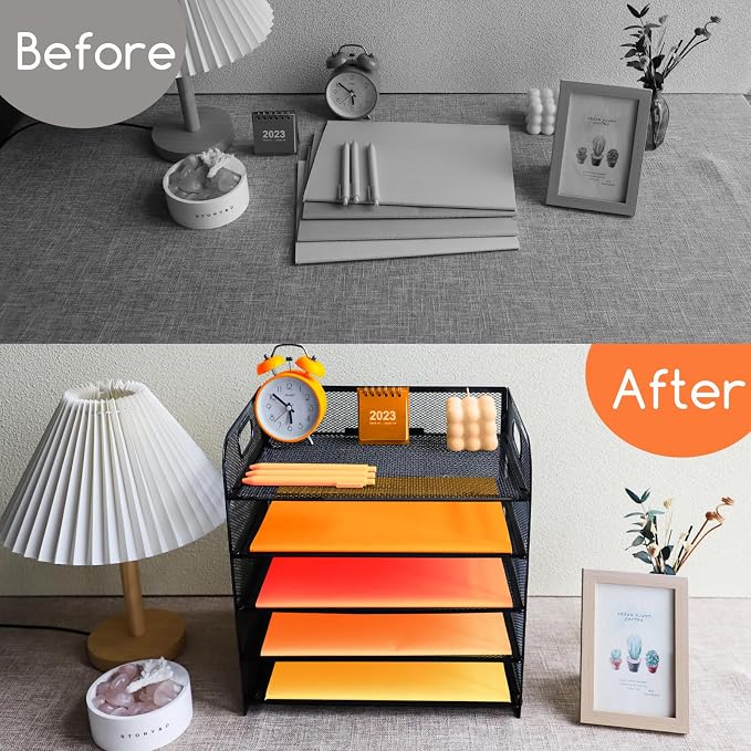 5-Tier Paper Letter Tray Organizer with File Holder，Paper Sorter Desk Organizer Metal mesh Desk Tray for Home Office School