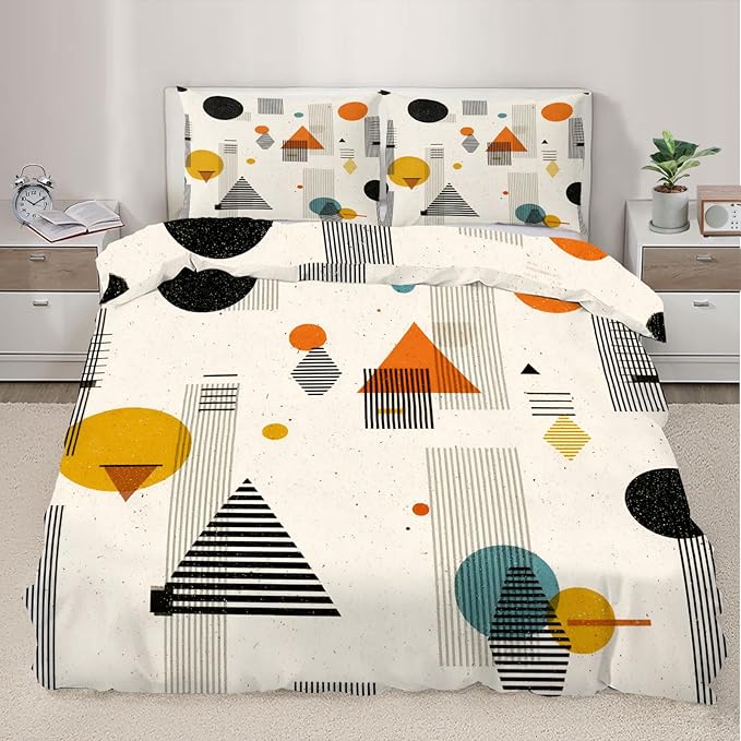 Middle Ages Abstract Duvet Cover King Size, Retro Beige Bedding Set 3 Piece Bedroom Decor Modern Minimalism Patterned Comforter Cover with Zipper Ties & 2 Pillowcases