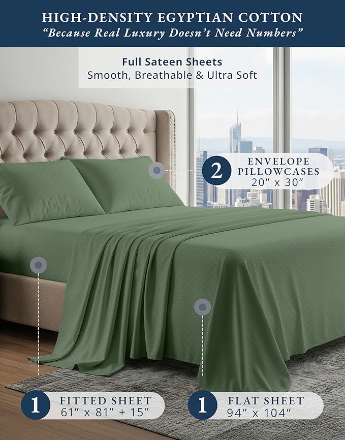 LANE LINEN 100% Egyptian Cotton Bed Sheets - 4PC Full Sheets Set, Long Staple Bedding Sheets, Sateen Weave, Luxury Hotel Sheets, Fits Upto 16" Mattress, Swiss Dot - Iceberg Green