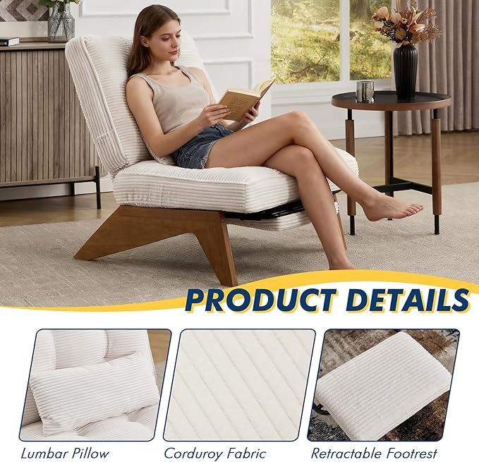 Accent Chair with Ottoman Adjustable Backrest, Stripe Living Room Chair Indoor Lounge Chair with Build-in Footrest Set, Modern Chair Cozy Reclining Chair for Reading Room, White