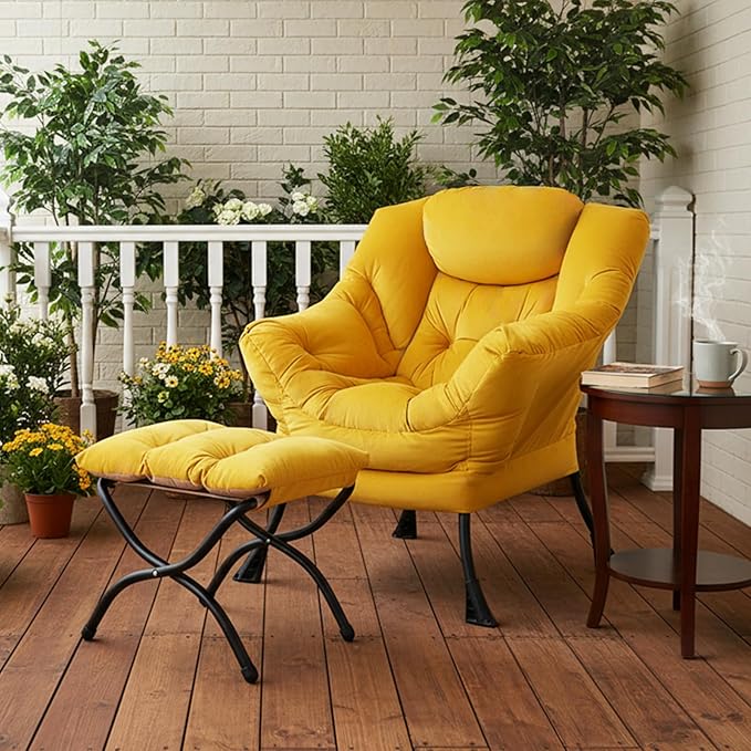 Tiita Lazy Chair with Ottoman, Yellow Modern Large Accent Armchair, Comfy Leisure Sofa Reading Chair with Footrest for Bedroom, Living Room, Dorm Rooms, Garden, Velvet Yellow