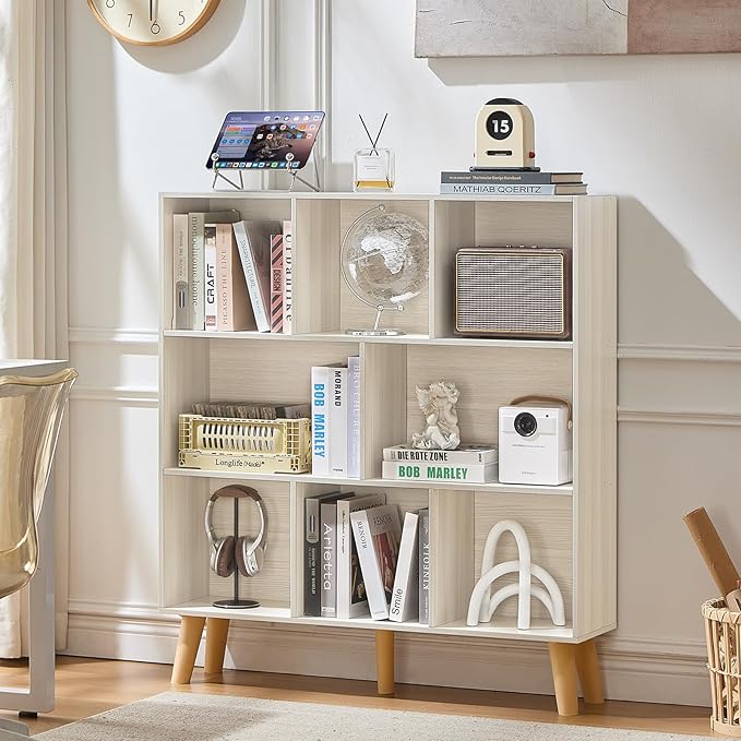 LEYAOYAO 8 Cube Bookshelf,3 Tier Bookcase with Legs,Light Grey White Mid-Century Modern Bookshelves,Large Open Storage Organizer Shelf, Wooden Book Case