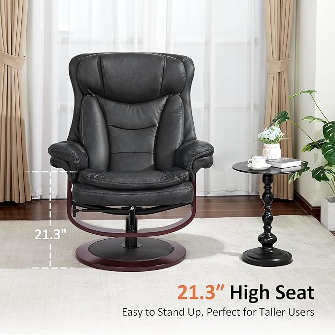 MCombo Oversized Swivel Recliner Chair with Ottoman, Adjustable Backrest, 360° Wood Base, High Seat, Faux Leather Lounge Chair for Tall Users in Living Room, Bedroom, or Office 4651 (Dark Grey)