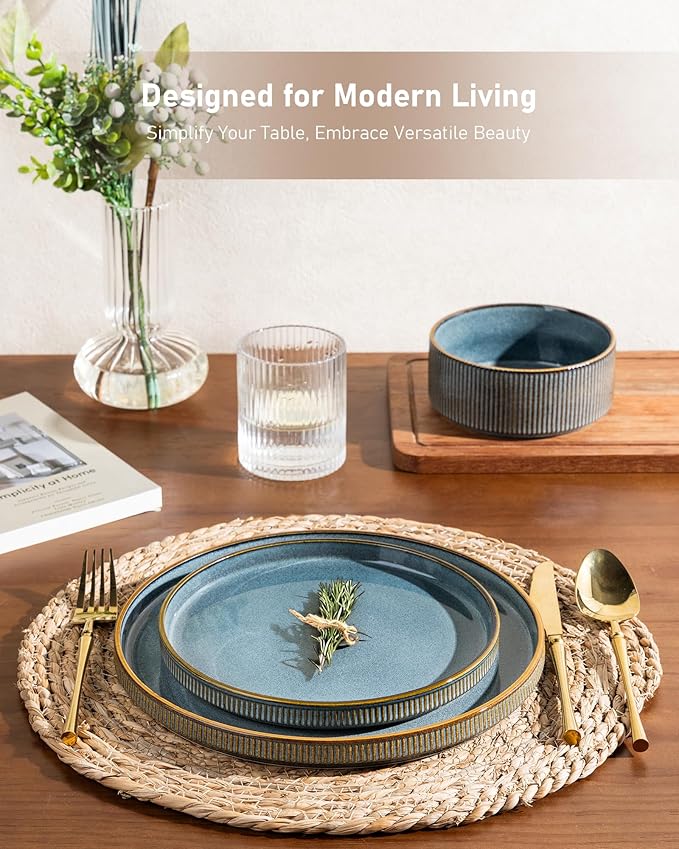 GBHOME 24-Piece Stoneware Dinnerware Set for 8 – Ribbed Ceramic Plates and Bowls, Scratch-Resistant, Microwave & Dishwasher Safe, Reactive Glaze, Deep Ocean