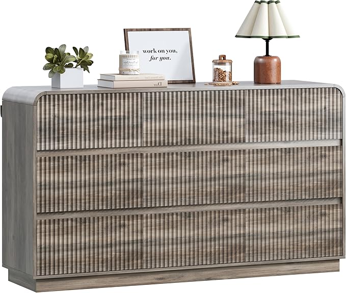 Grey Dresser Fluted 9 Drawers Dresser for Bedroom, 59" Wide Wood Chest of Drawers with Hidden Handles & Rounded Corners, Modern TV Stand Storage Cabinet for Living Room, Hallway, Entryway, Gray