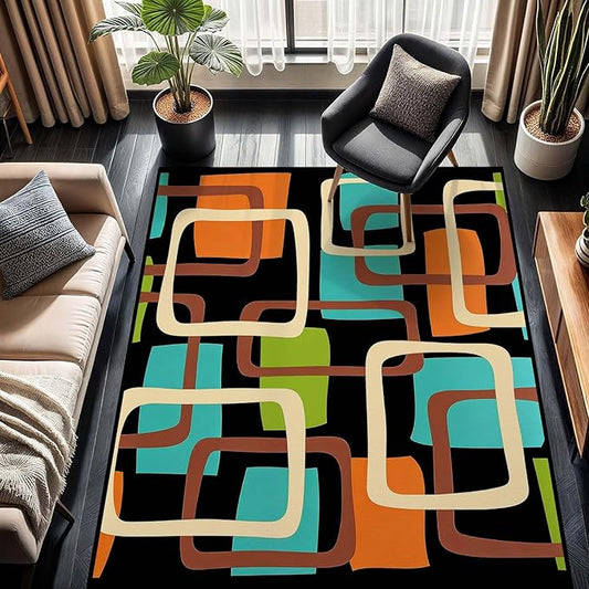 Mid Century Modern Rug, Colorful Abstract Geometric Area Rug, Retro Atomic Starburst Rugs, Washable Non-Slip Soft Low Pile 1950s Carpet for Living Room, Bedroom (5' x 7'(Rectangular))
