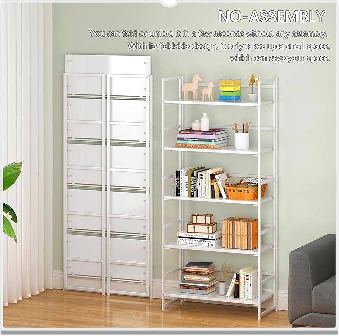 4NM No Assembly 5 Tiers Collapsible Book Shelves, 51.2" H Folding Bookshelf Bookcase Open Industrial Foldable Shelves for Bedroom, Living Room, Home Office - All White