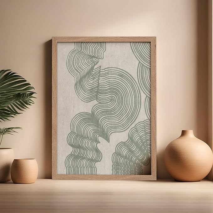 Poster Master Line Drawing Poster - Curved Lines Print - Geometric Art - Sketch Art - Abstract Art - Mid Century Modern Art - Minimal Art - Great Bedroom or Living Room Decor - 16x20 Beige Framed