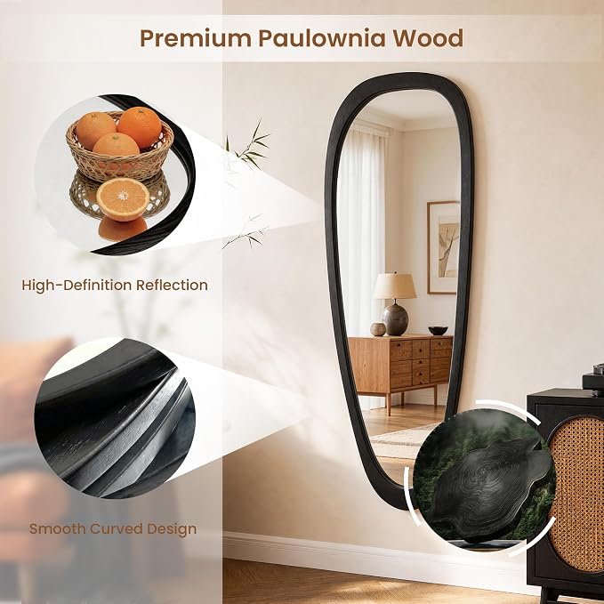 60''x22'' Asymmetrical Mirror with Black Wood Frame, Extra Large Teardrop Shaped Wall Decor, HD Tempered Glass Vanity Mirrors for Living Room, Horizontal Vertical Hanging, Black