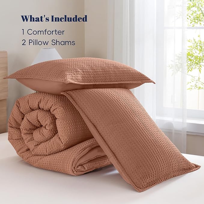 PHF Soft Waffle Comforter Set Queen Size- Comfy Breathable Waffle Weave Comforter with 2 Pillow Shams, 3 Pieces Less Snagging Lightweight Textured Bedding Set for All Season, Terracotta