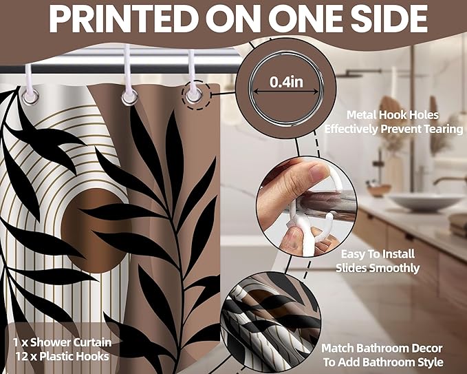 Brown Shower Curtain Boho Mid Century Dark Brown Shower Curtains for Bathroom Decor, Black and Tan Waterproof Cloth Fabric with Hooks, 60" W x 72" L