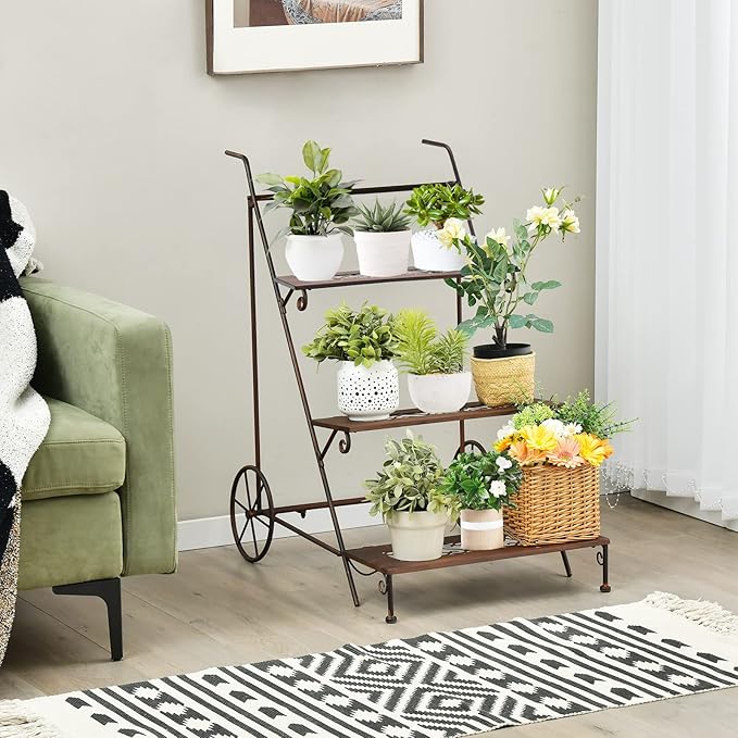 Giantex 3-Tier Metal Flower Cart, Ladder Shaped Plant Stand w/ Wheels & Handle, Exquisite Pattern, Rolling Garden Cart for Indoor & Outdoor, Folding Plant Holder for Balcony Garden Porch