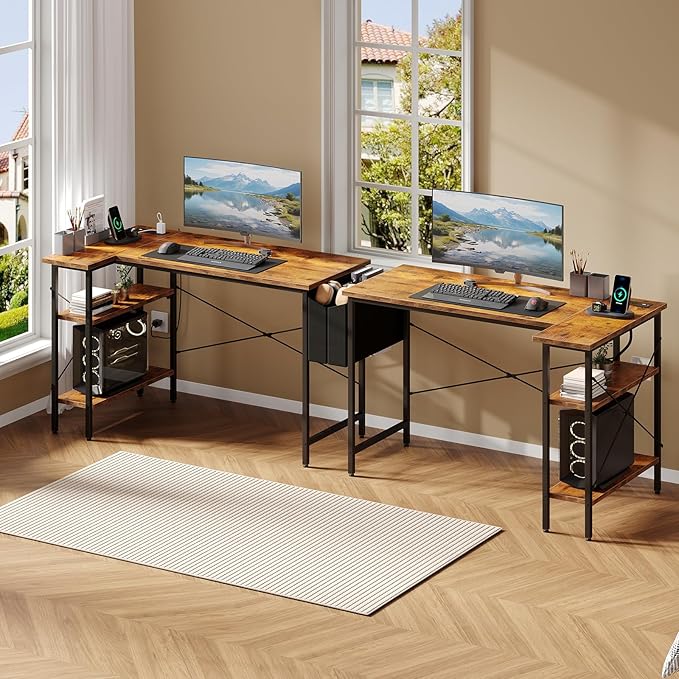 DUMOS 39" Corner Gaming Desk, L Shaped Computer Desk with 3AC+2USB+1Type-C Power Strip, Storage Shelves & Side Hanging Fabric Organizer, Rustic Brown Gaming Workstation for Home Office and Bedroom