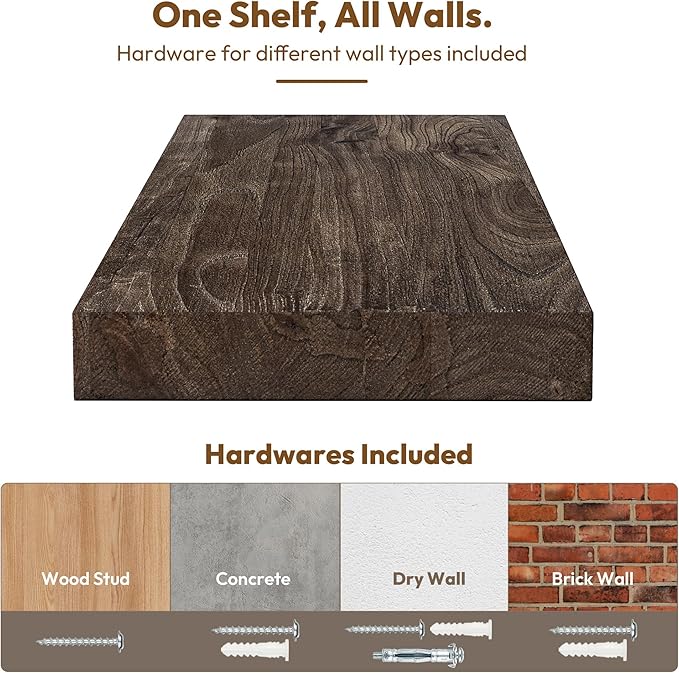 Vivelove Solid Wood Floating Shelves Set of 2, Elm Wood Wall Shelf with Invisible Bracket for Living Room Bedroom Bathroom Office, Rustic Farmhouse Display Shelf, 36 inch - Dark Walnut