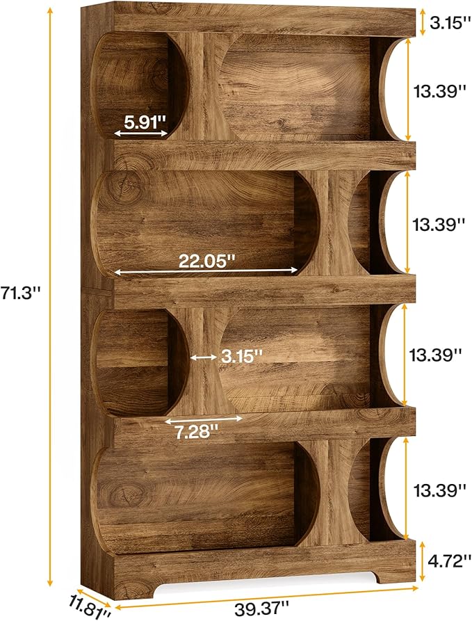 Tribesigns 71" Tall Bookcase, 4-Tier S-Shaped Bookshelf, Wood Decorative Storage Shelving, Modern Freestanding Display Shelves, Large Library Book Shelf Unit for Home Office Living Room Bedroom, Brown
