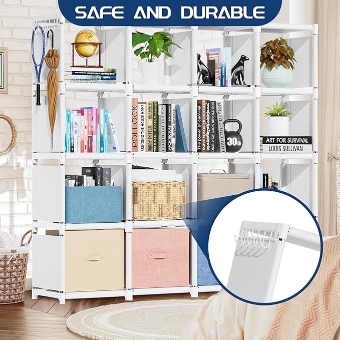 Mavivegue 16 Cube Storage Organizer Book Shelf, Metal Cube Bookshelf, DIY Bookcase, Tall Book Case for Bedroom, Living Room, Office - White