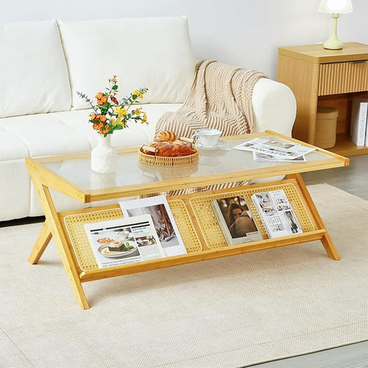 Bamboo Coffee Table, Accent Rattan Coffee Table with Glass Top, Mid-Century Wooden Center Tables, Modern Sofa Side Tea Tables with Storage for Living Room, Burlywood
