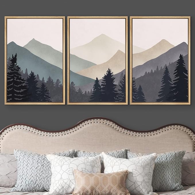 wall26 Framed Canvas Print Wall Art Set Woodland Nursery Decor Blue Gray Duotone Mountain Forest Abstract Nature Nordic Decorative Minimal Boho for Living Room, Bedroom, Office - 24"x36"x3 Natural