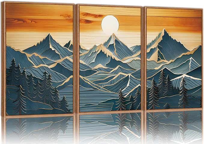 Tinonedraw Large Mountains Framed Canvas Wall Art Set of 3, Boho Nature Woodcut Forest Art Prints, Mid Century Modern Wall Decor, Sunset Landscape Art Paintings for Living Room Bedroom Office 16"x24"