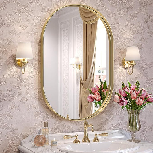 Brightify Gold Oval Mirror for Bathroom Vanity 20x30 Inch, Gold Metal Frame Mirrors for Wall, Modern Mirror for Bedroom Living Room Wall Decorative Hang Vertical and Horizontal