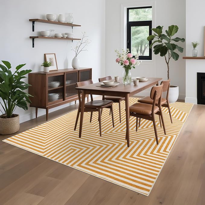Washable Modern Lines Large Rug 10x13 for Living Room Modern Geometric Rugs Low Pile Soft Bedroom Carpet Thin Foldable Abstract Floor Carpet for Dining Kids Room Playroom, Orange Yellow