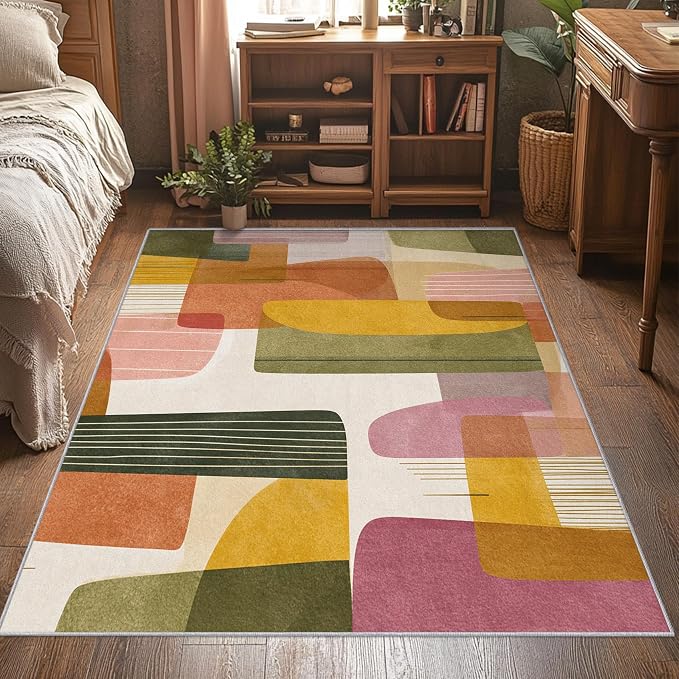 6x9 Mid Century Modern Rugs for Bedroom Decor, Washable Abstract Geometry Pattern Area Rug, Living Room Home Decoration, Non Slip Soft Thin, Boho Decor Carpet PF-P 117
