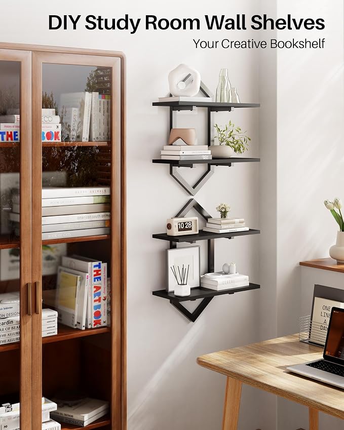 Floating Shelves, Set of 2 Wall Shelf, Wall Mounted Decorative Shelves, 2-Tier Modern Geometric Hanging Storage Shelf for Living Room, Bedroom, Kitchen, Office, Study (Black)