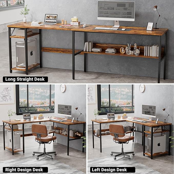 Unikito L Shaped Computer Desk with Magic Power Outlets and USB Charging Port, Sturdy Reversible Corner Desk with Storage Shelves, Modern Work Desk for Home Office, Easy to Assemble, Rustic Brown