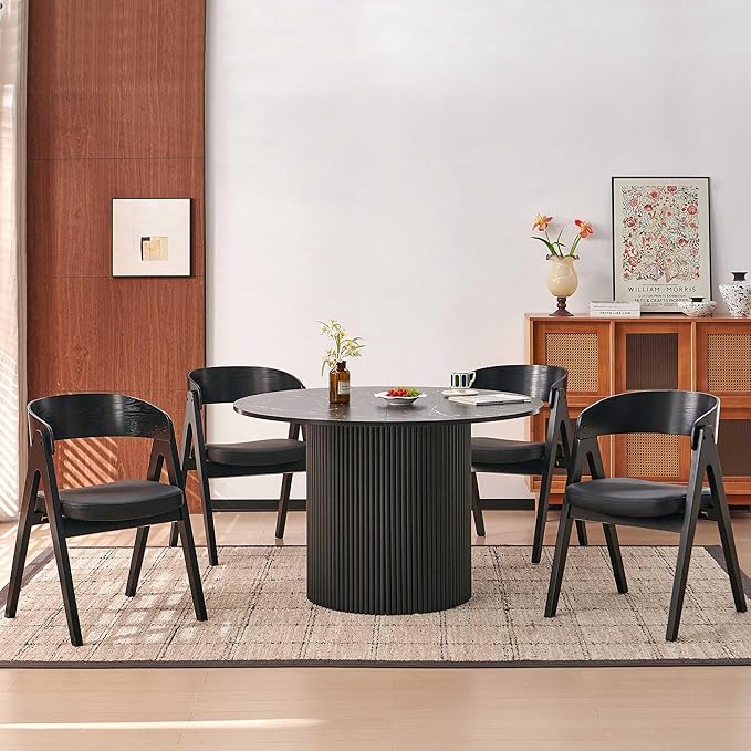Howtek 47″ Round Dining Table Set for 4-6 People, 5 Piece Modern Kitchen Table with Faux Black Marble Wood Grain Finish & 4 PU Leather Upholstered Dining Chairs（Curved Backrest & Solid Wood Legs ）