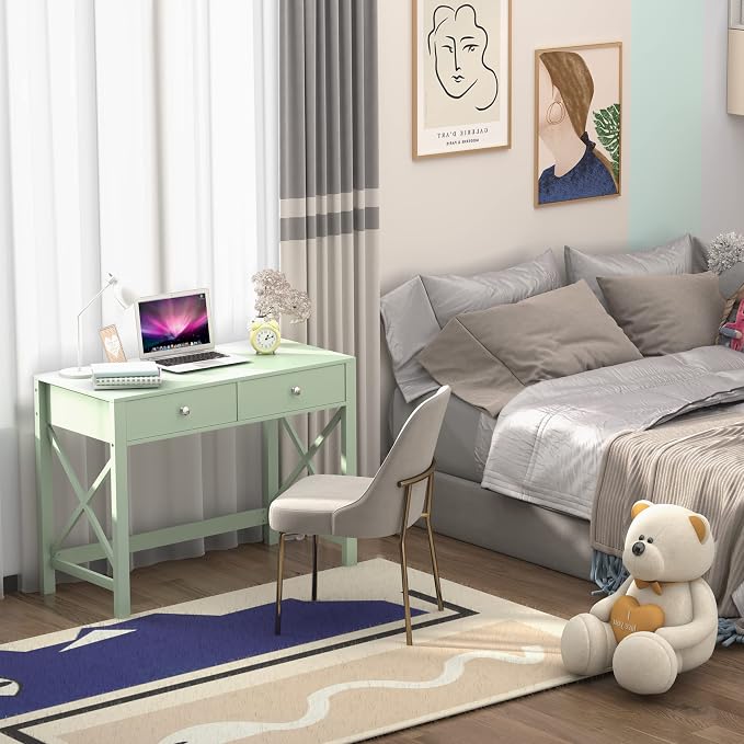 WiberWi Home Office Desk with Drawers, Modern Writing Computer Desk for Bedroom, Small Makeup Vanity Table Study Table for Home Office,Green
