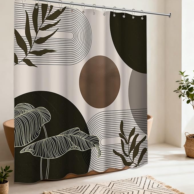 Brown and Beige Shower Curtain Light Brown Tan Taupe Boho Mid Century Modern Shower Curtains for Bathroom Decor MCM Mens Cool Bath Curtain Set, Waterproof Fabric with Hooks 70 x 78 Inch