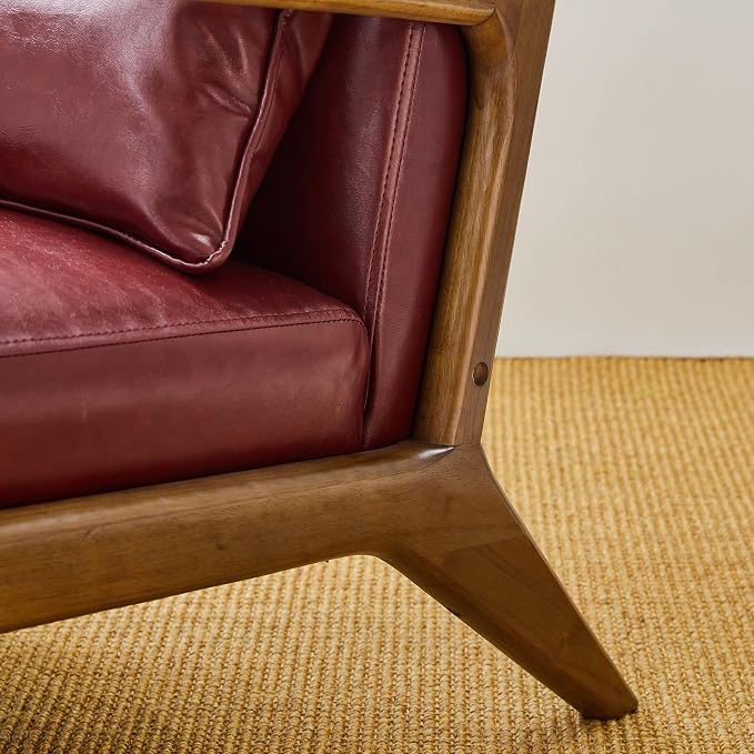 Glitzhome 30.75" H Mid Century Red Accent Armchair, Single Reading Armchair PU Leather Lounge Chair with Walnut Ruberwood Frame